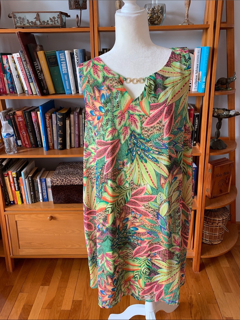 Tropical Leaf Mini Dress with Chain Neck Detail - Green & Pink